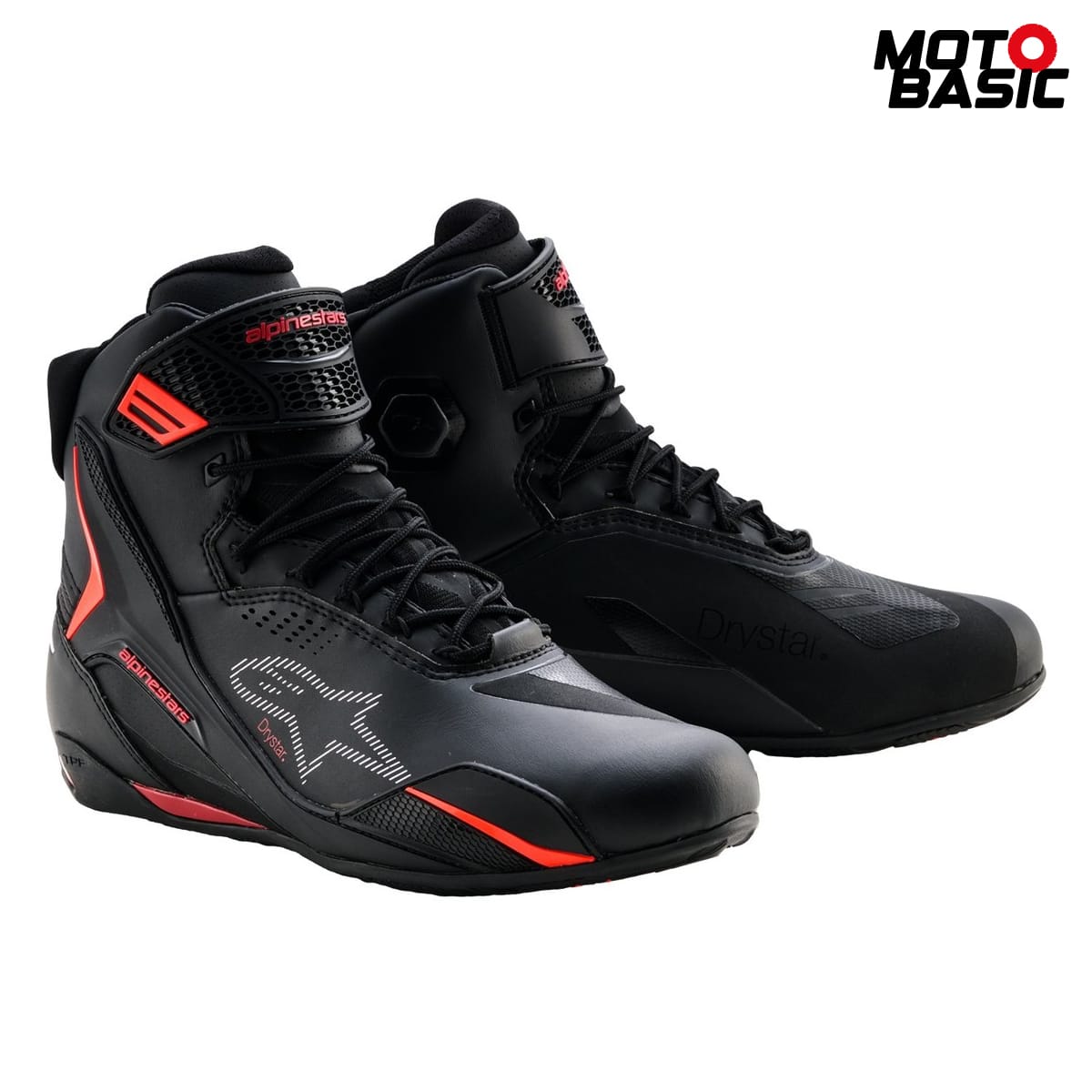 botin-alpinestars-faster-4-drystar-negro-rio-rojo-rojo-fluor 1